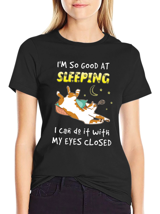 Camiseta Negra con Diseño de Gato Durmiendo