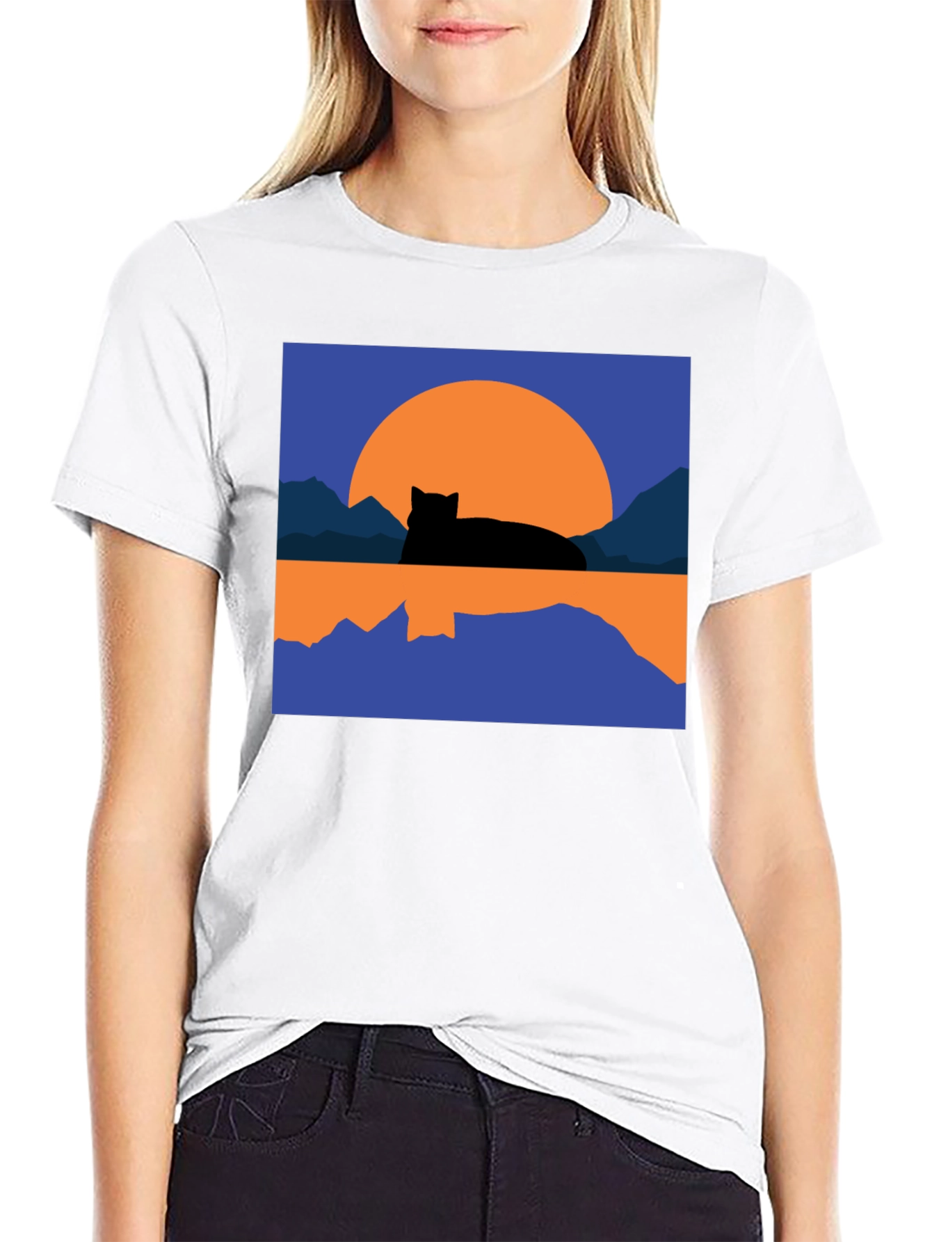 Camiseta Negra con Diseño de Gato al Atardecer