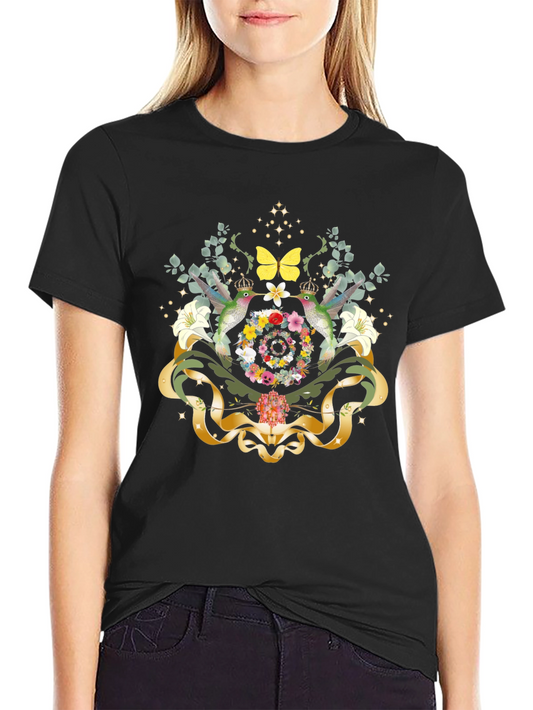 Camiseta Negra con Diseño Floral y Colibríes
