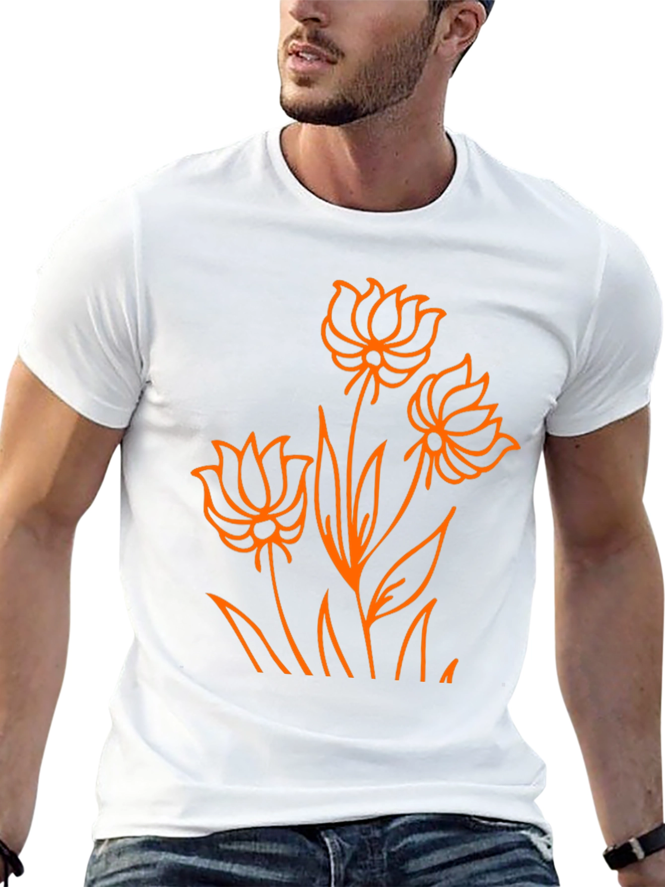 Camiseta Negra con Diseño Floral Naranja