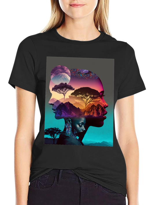 Camiseta Negra con Diseño Abstracto de Naturaleza y Rostros