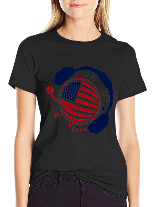 Camiseta Negra Diseño Bandera USA con Auriculares