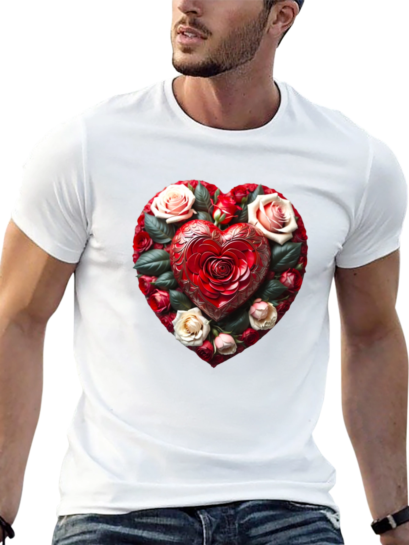 Camiseta Negra Corazón Floral Romántico