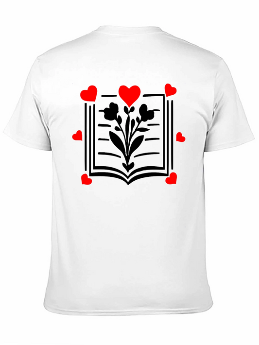 Camiseta Negra con Diseño de Libro y Corazones Rojos