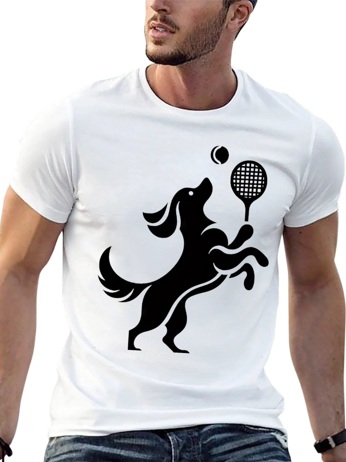 Camiseta Negra Perro Jugando Tenis