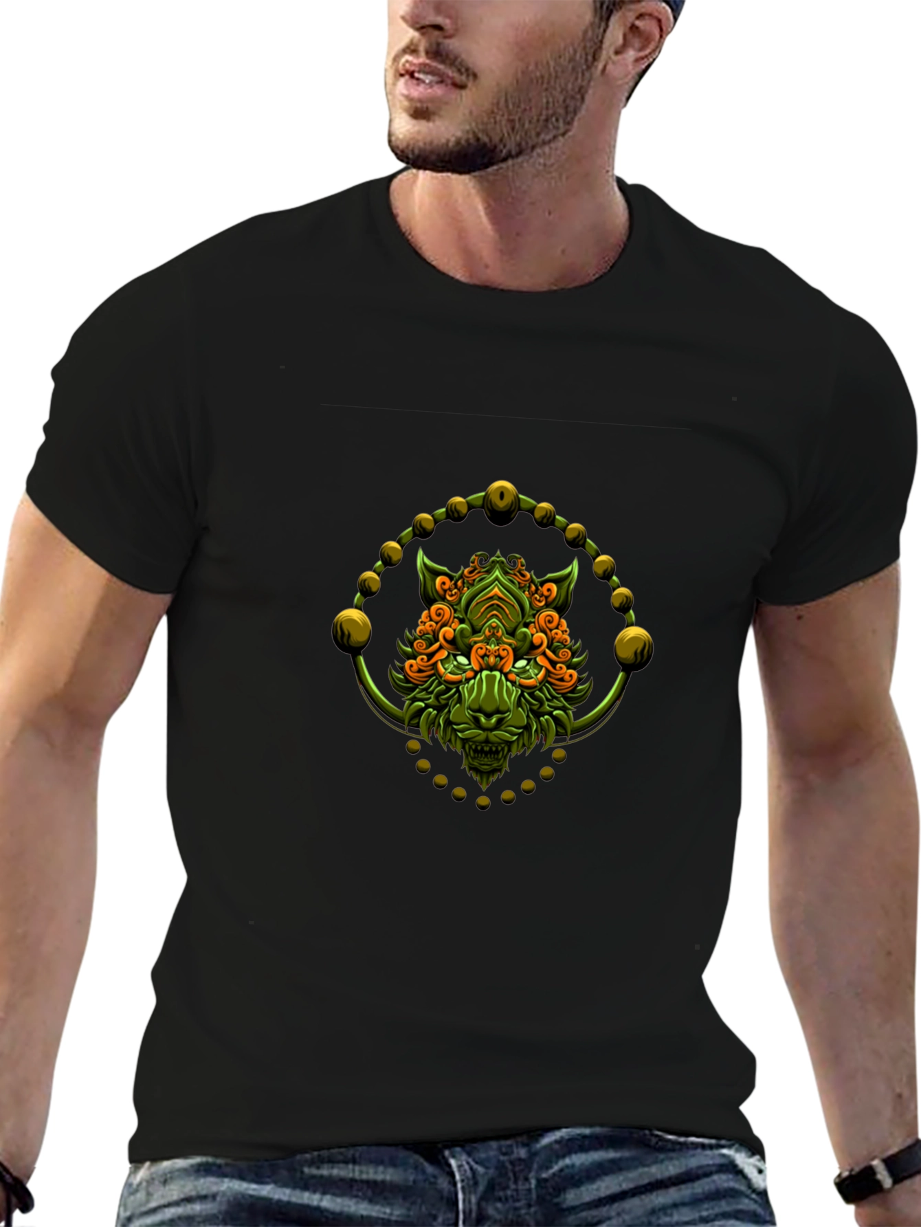 Camiseta Negra con Diseño de León Abstracto