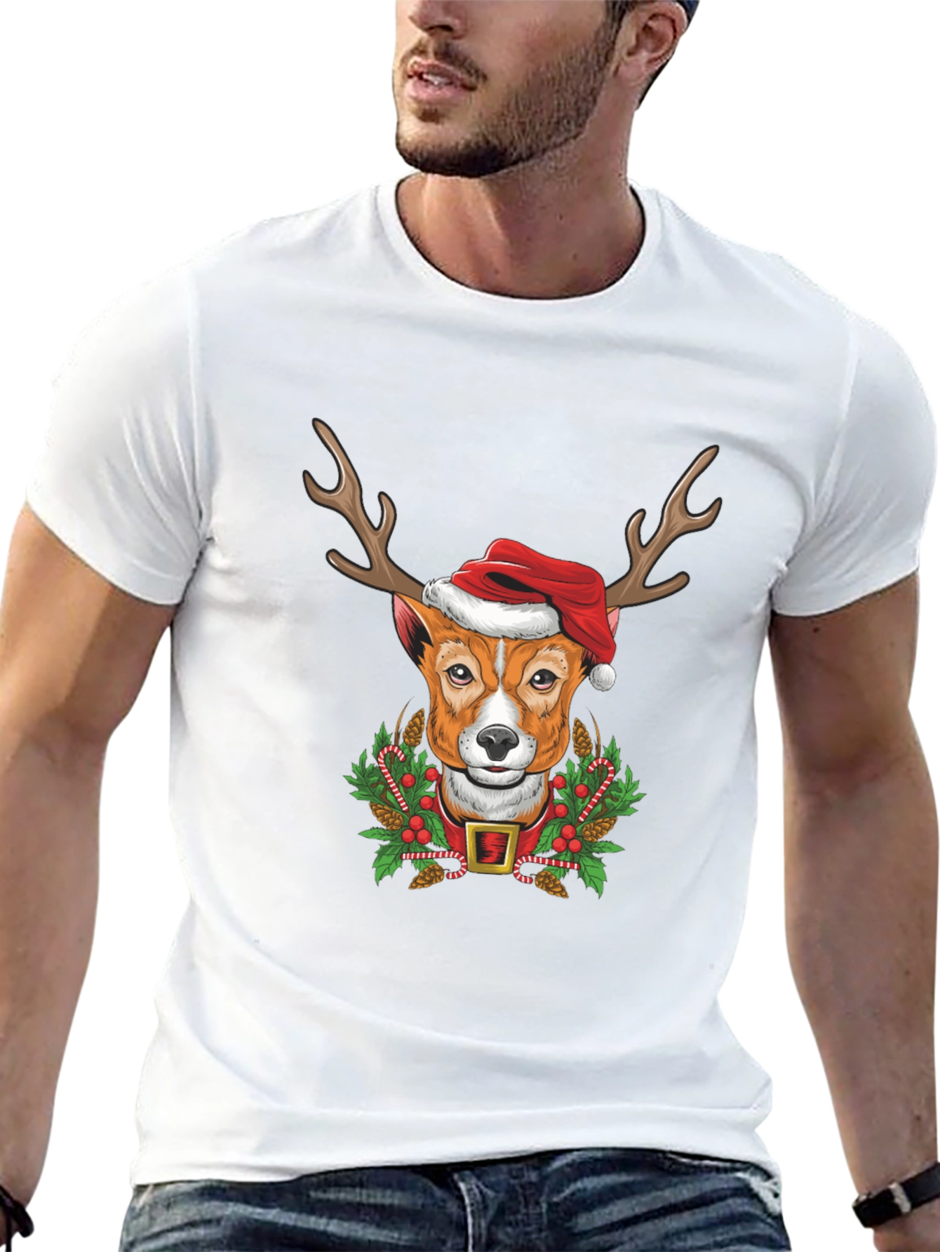 Camiseta Hombre Diseño Navideño Perro Reno