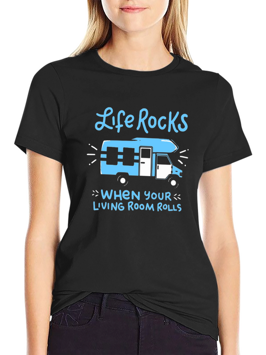 Camiseta Negra Life Rocks con Diseño de Autocaravana