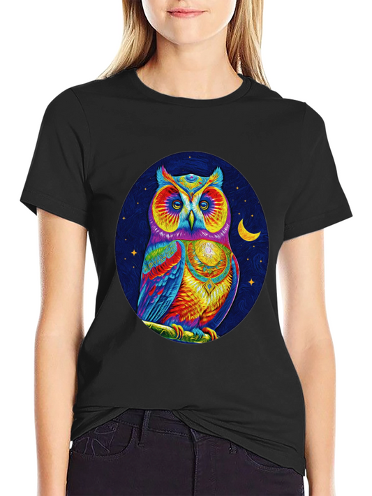 Camiseta Negra con Estampado de Búho Psicodélico