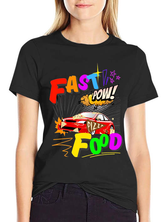 Camiseta Negra Fast Food con Diseño de Coche y Pizza