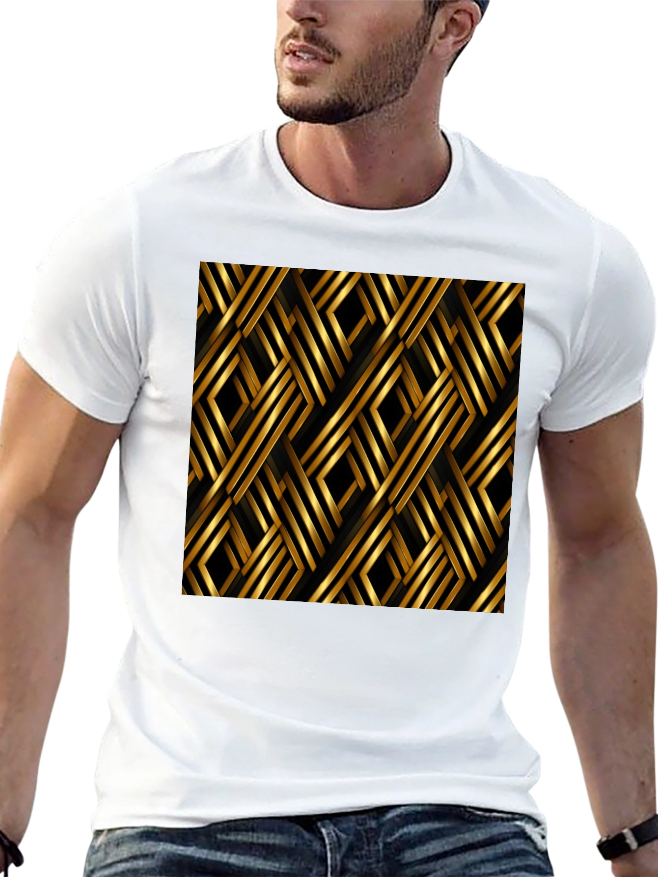 Camiseta Negra con Diseño Geométrico Dorado