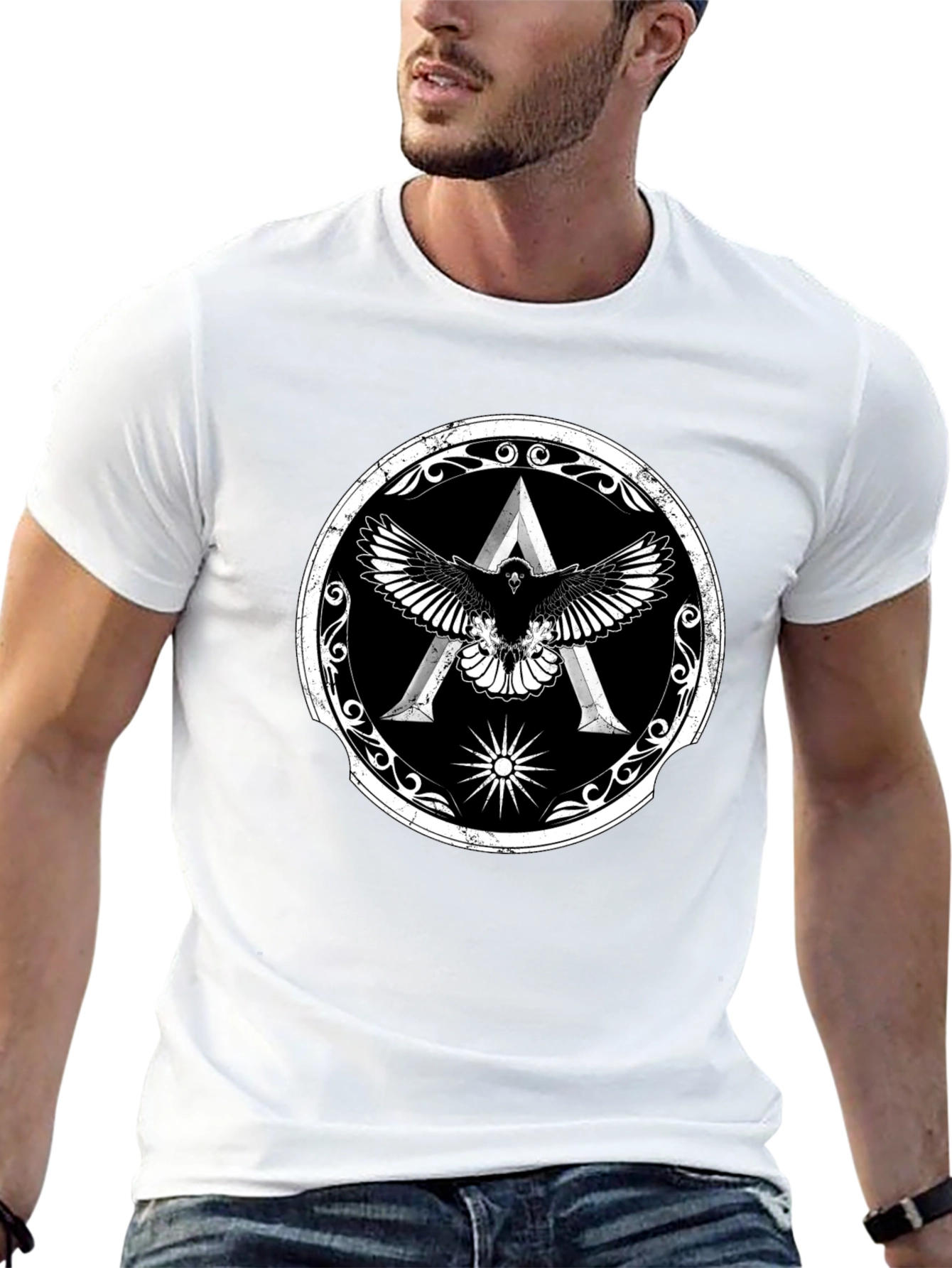 Camiseta Negra con Diseño de Águila y Símbolo Griego