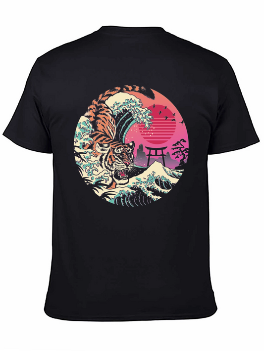 Camiseta Negra Tigre Ola Japonesa Estampada