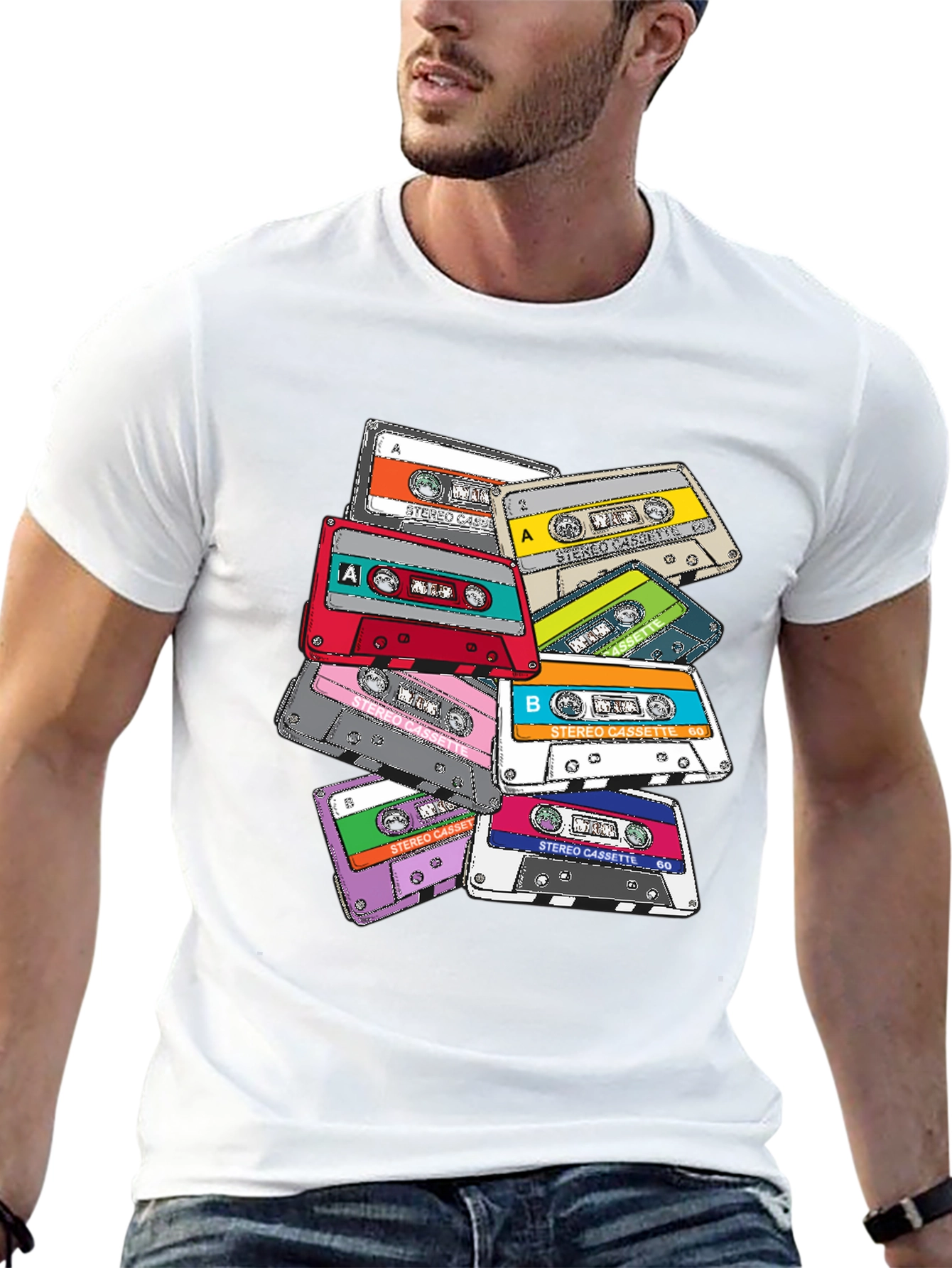 Camiseta Negra con Estampado de Cassettes Retro