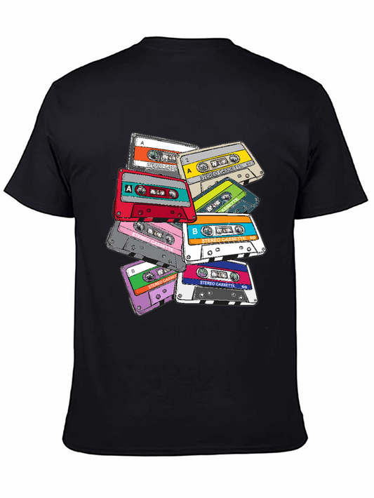 Camiseta Negra con Estampado de Cassettes Retro