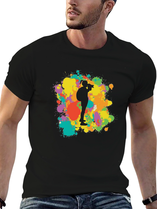 Camiseta Negra con Diseño de Fotógrafa y Salpicaduras de Colores