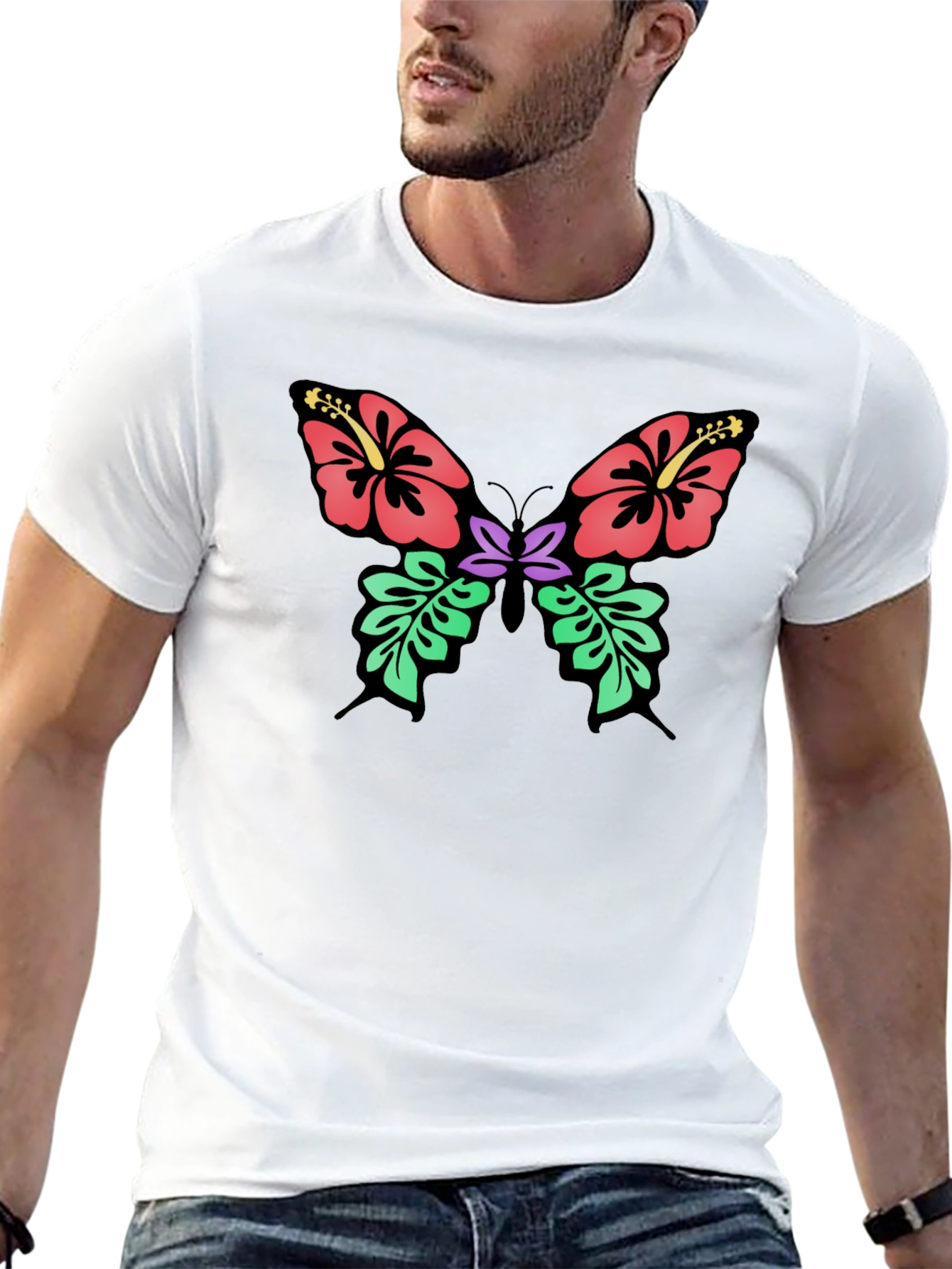 Camiseta Negra con Diseño de Mariposa Floral Hawaiana