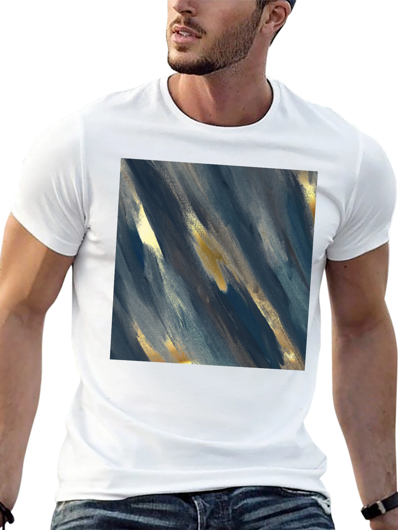 Camiseta Negra con Diseño Abstracto Azul y Dorado