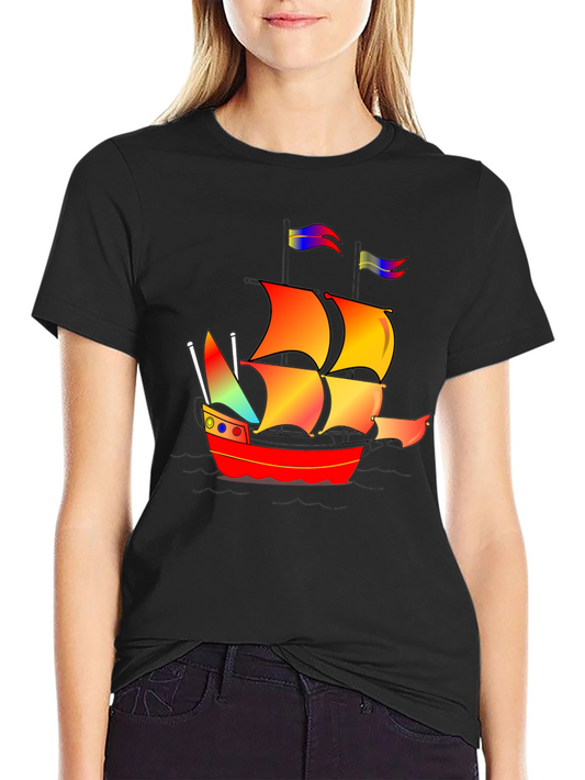 Camiseta Negra con Diseño de Barco Pirata Colorido