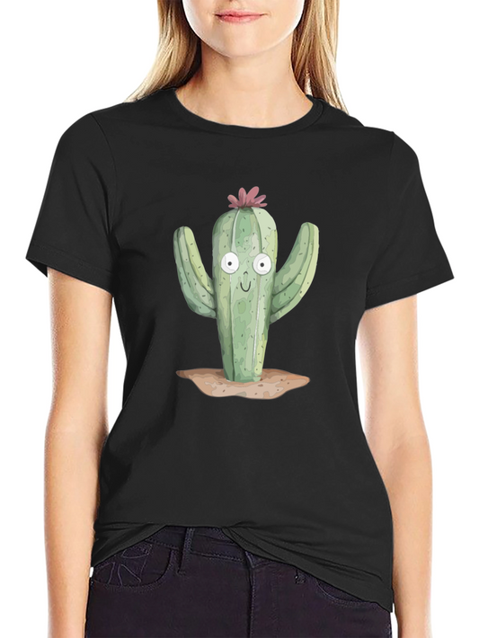 Camiseta Negra con Estampado de Cactus Divertido