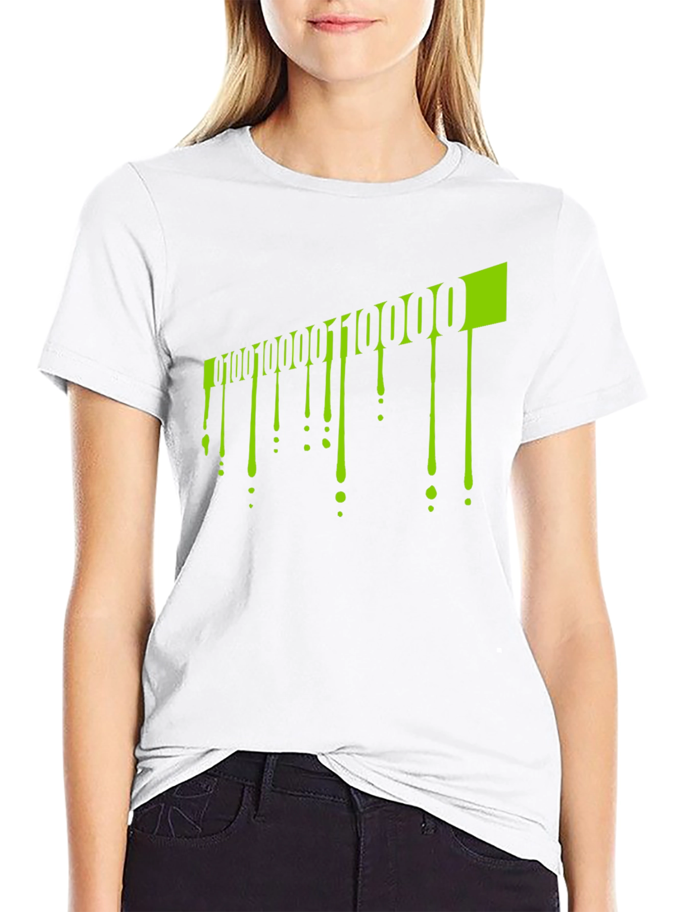Camiseta Negra con Diseño de Código Binario Verde Neón