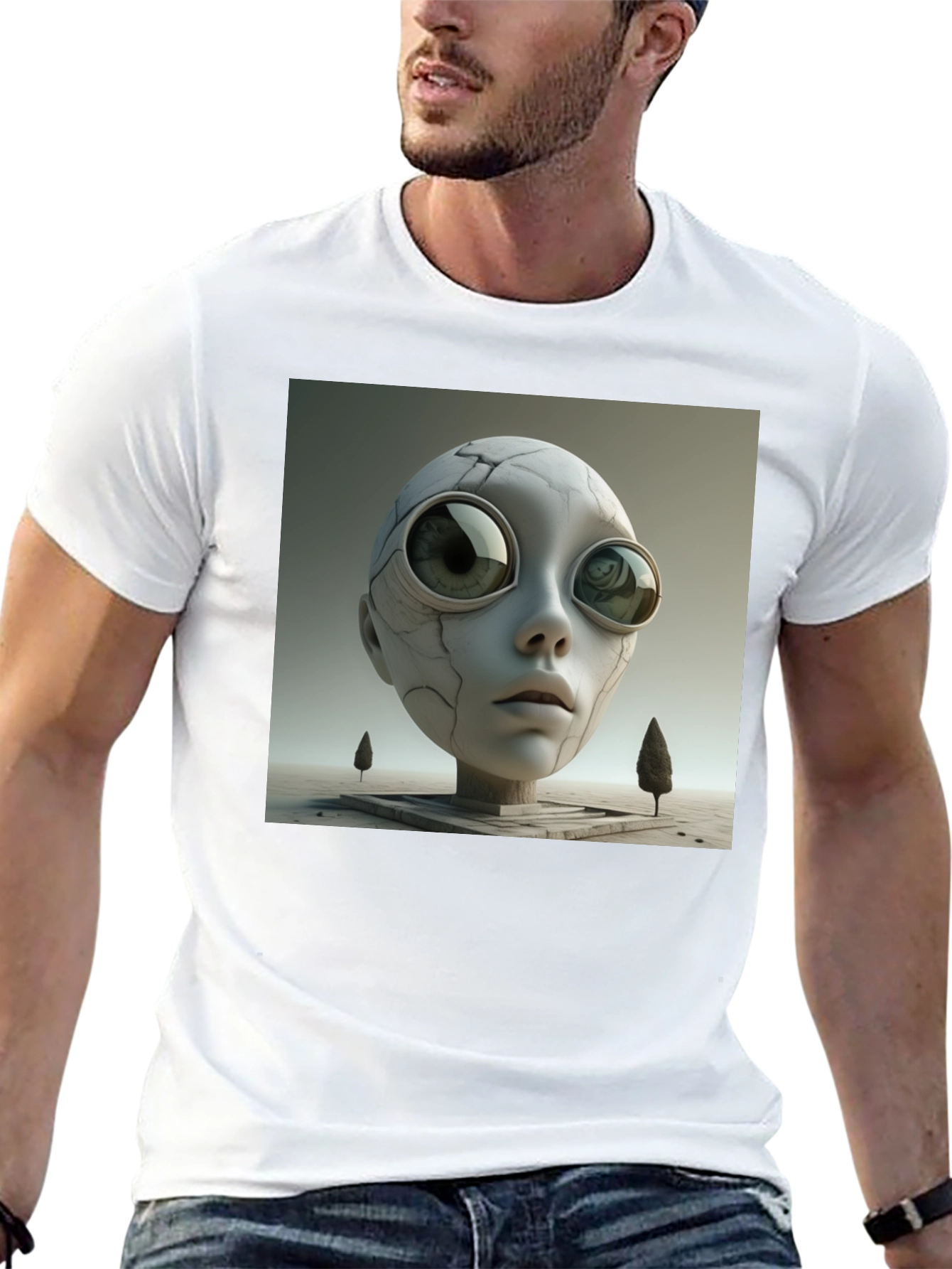 Camiseta Negra con Diseño Abstracto de Cabeza Alienígena