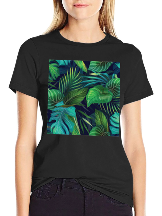 Camiseta Negra con Diseño de Hojas Tropicales