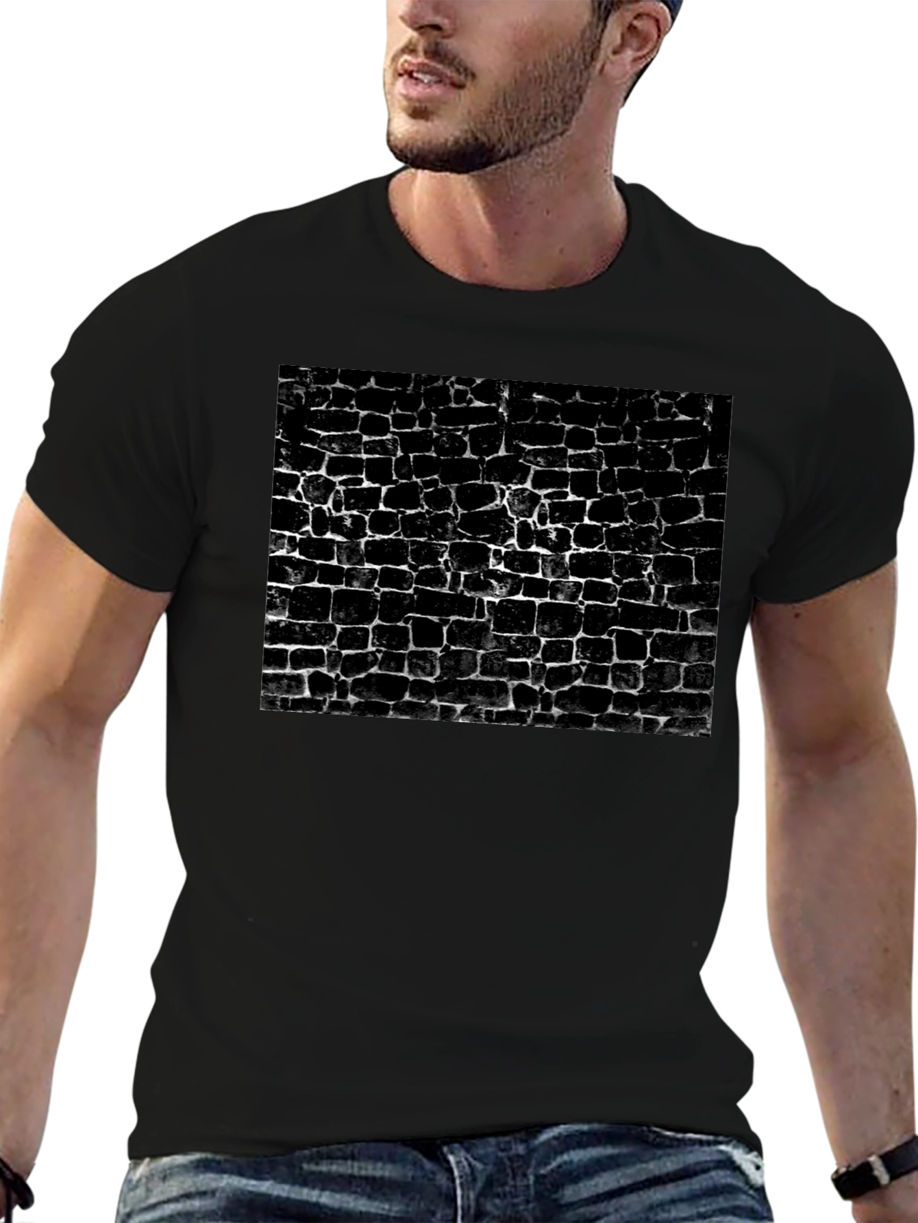 Camiseta Negra Estampado Muro Ladrillo Abstracto Casual Hombre