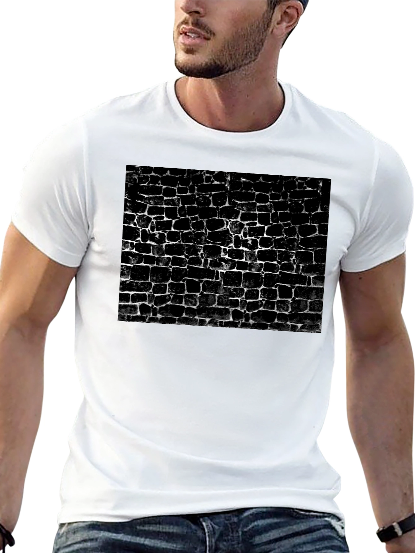 Camiseta Negra Estampado Muro Ladrillo Abstracto Casual Hombre