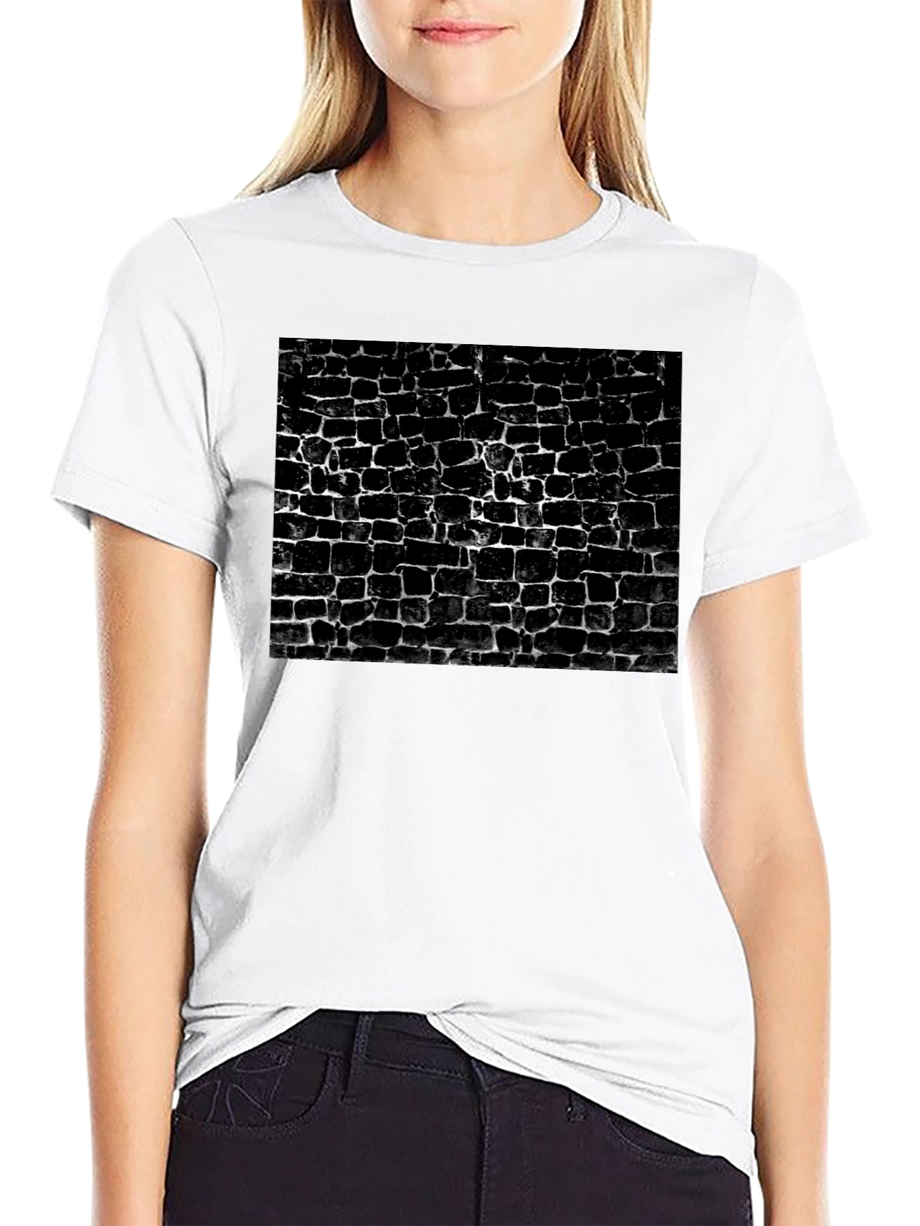 Camiseta Negra Estampado Muro Ladrillo Abstracto Casual Hombre