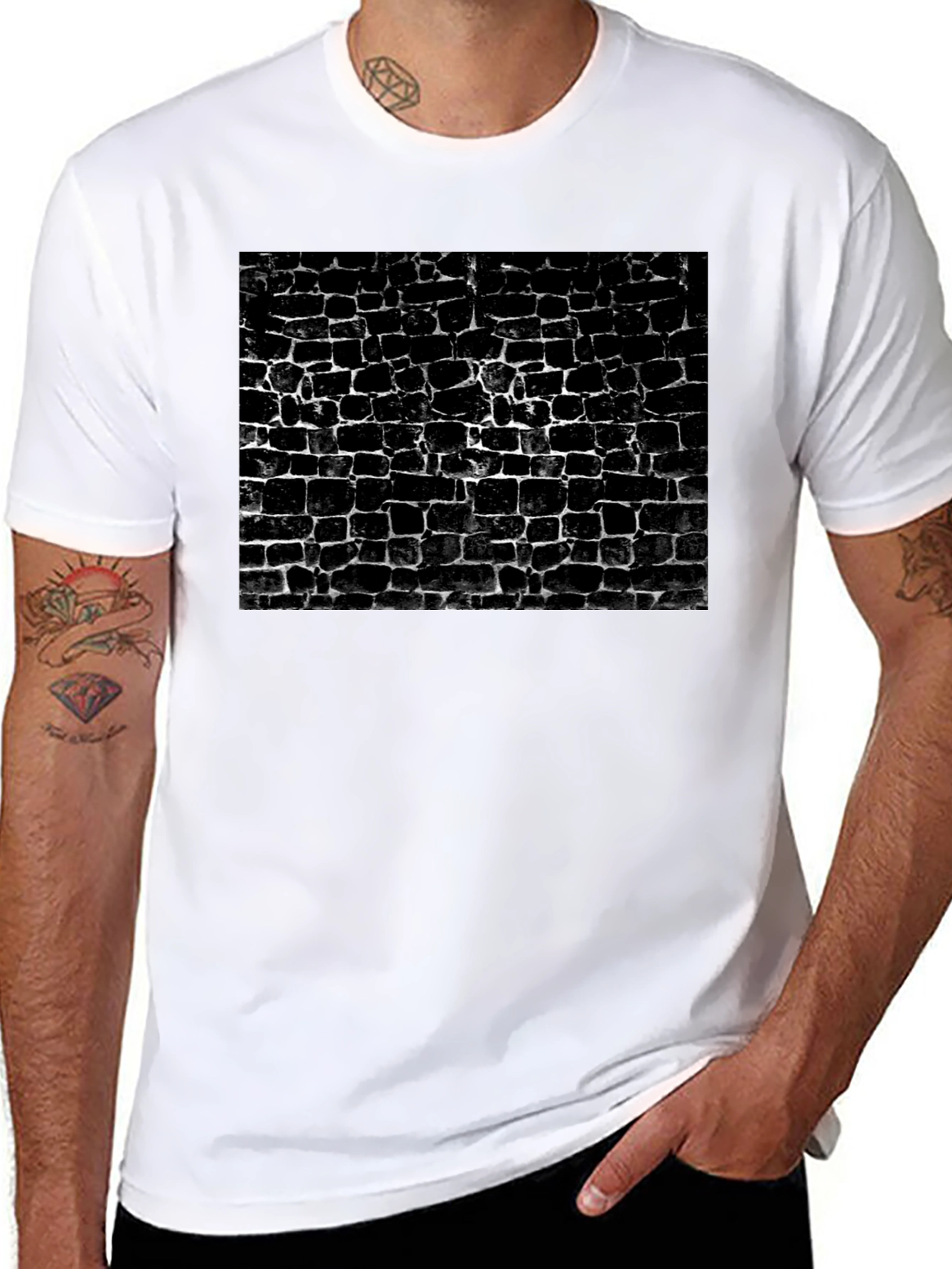 Camiseta Negra Estampado Muro Ladrillo Abstracto Casual Hombre