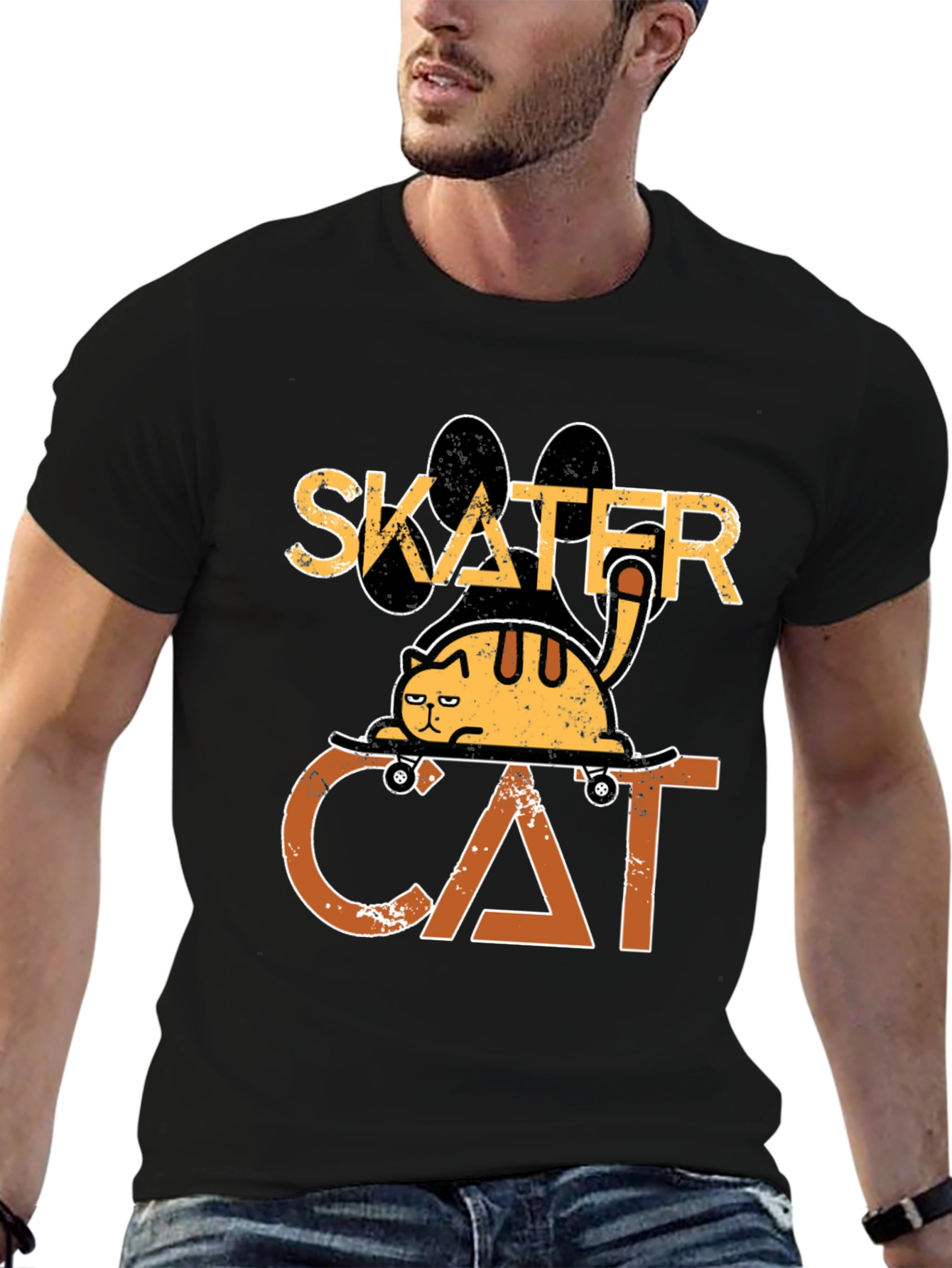 Camiseta Negra Skater Cat Diseño Divertido