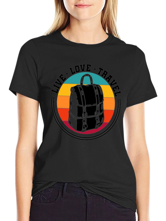 Camiseta Negra: Vive Ama Viaja - Diseño Mochila Retro