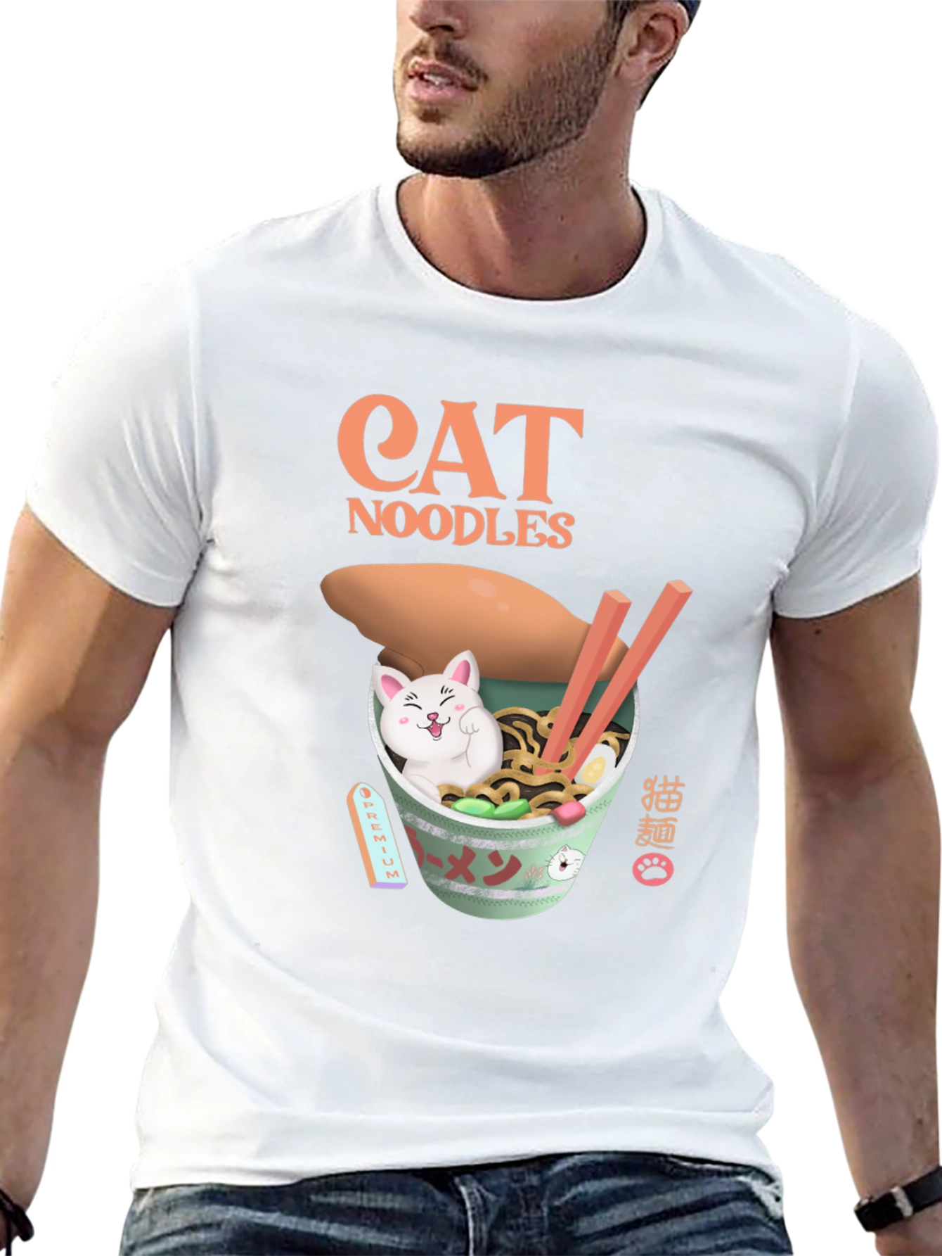 Camiseta Negra con Diseño de Gato y Fideos