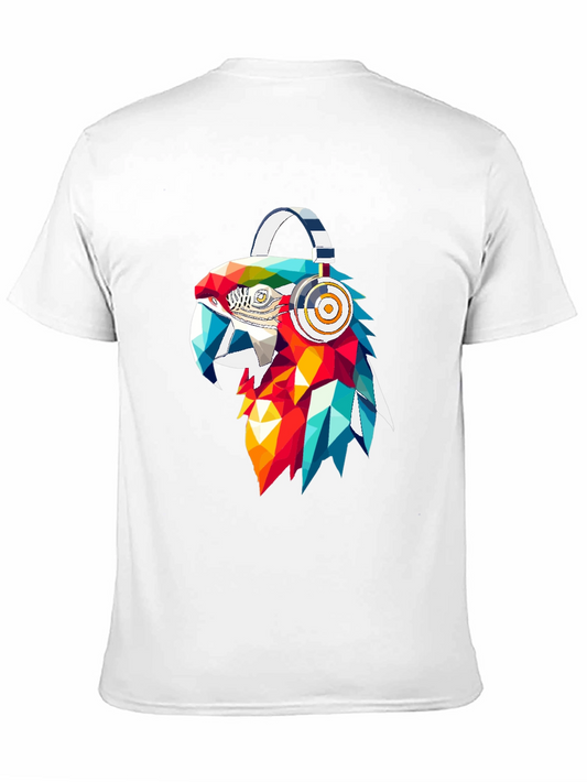 Camiseta Negra con Diseño de Loro Geométrico con Audífonos