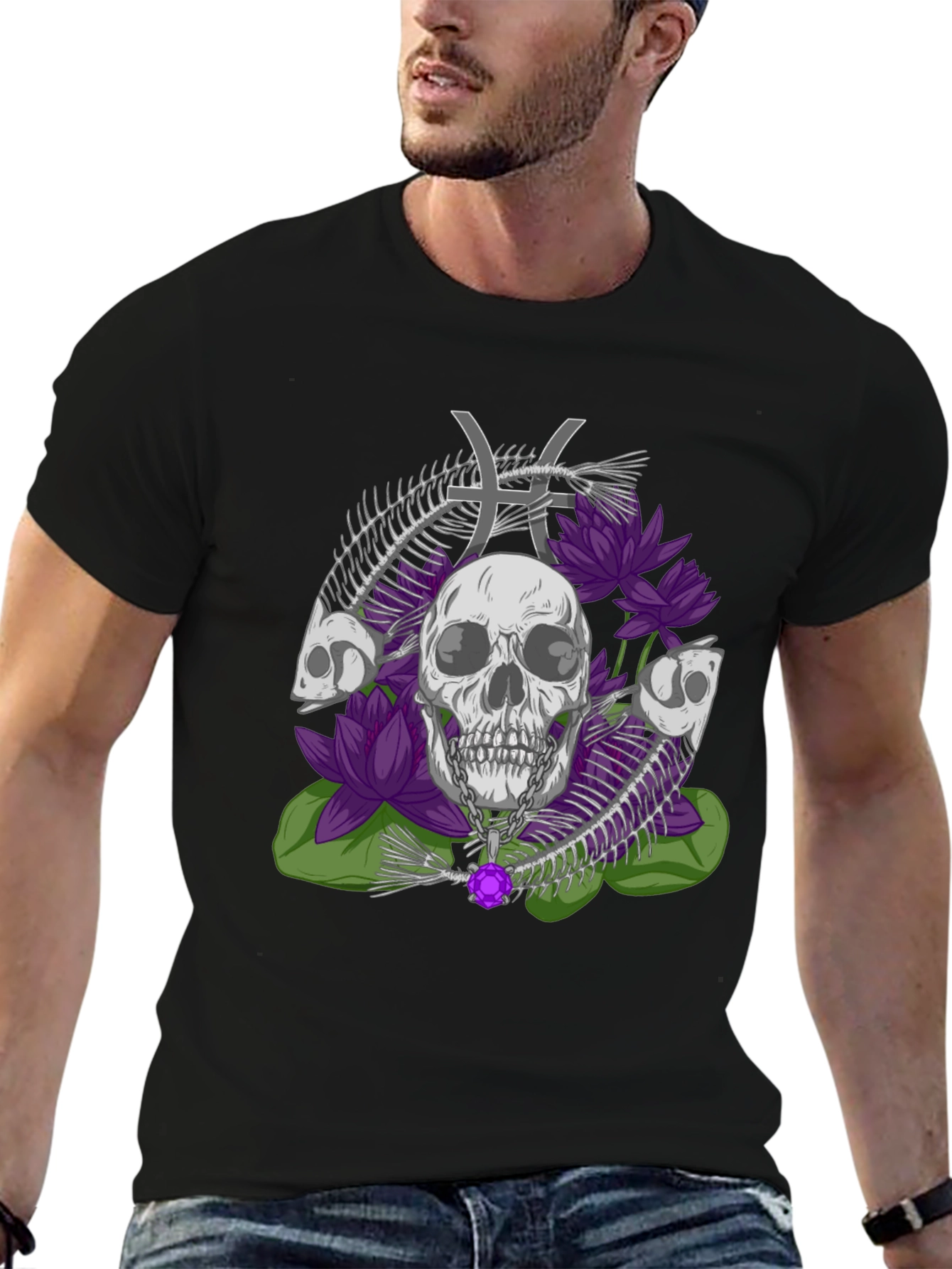 Camiseta Estampada: Calavera Flores y Signo Piscis