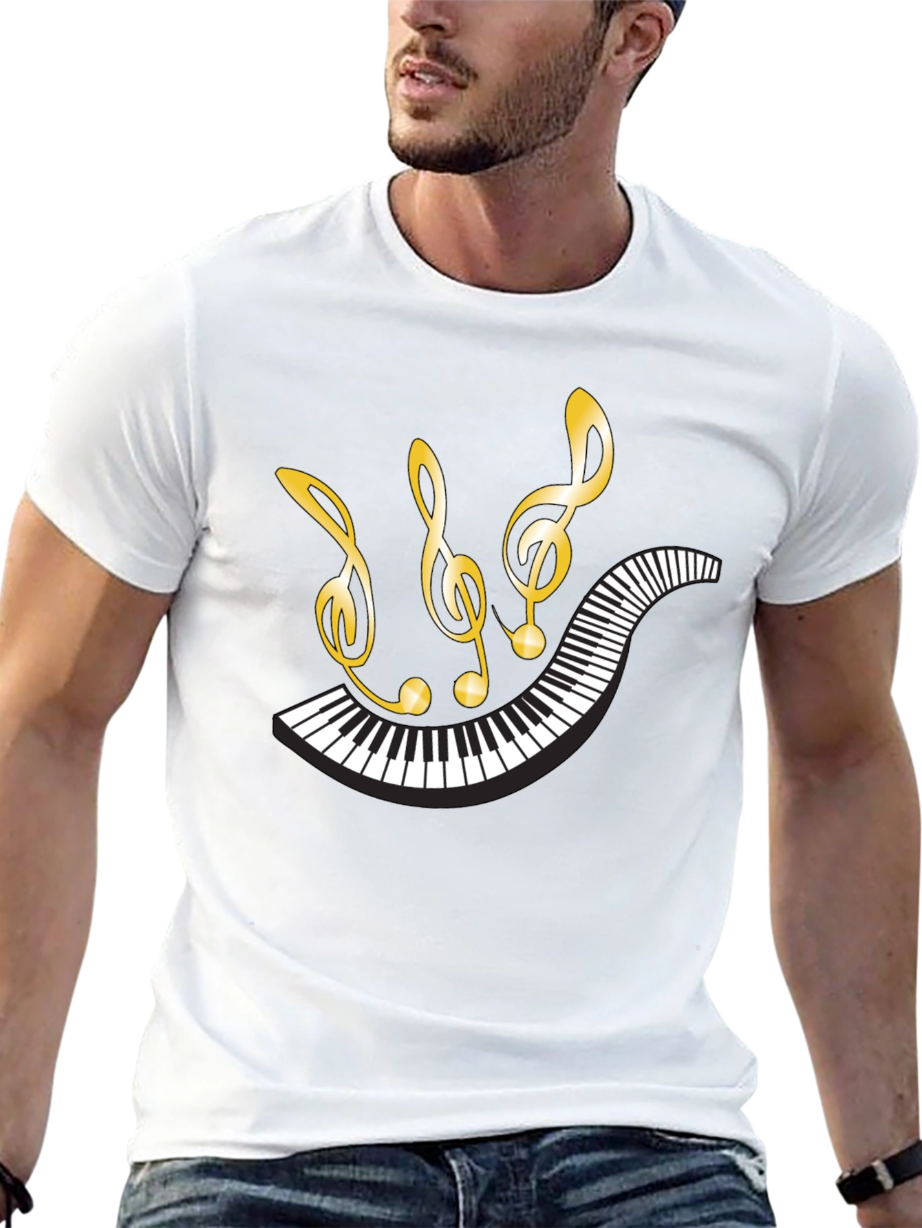 Camiseta Negra con Diseño Musical Piano y Notas