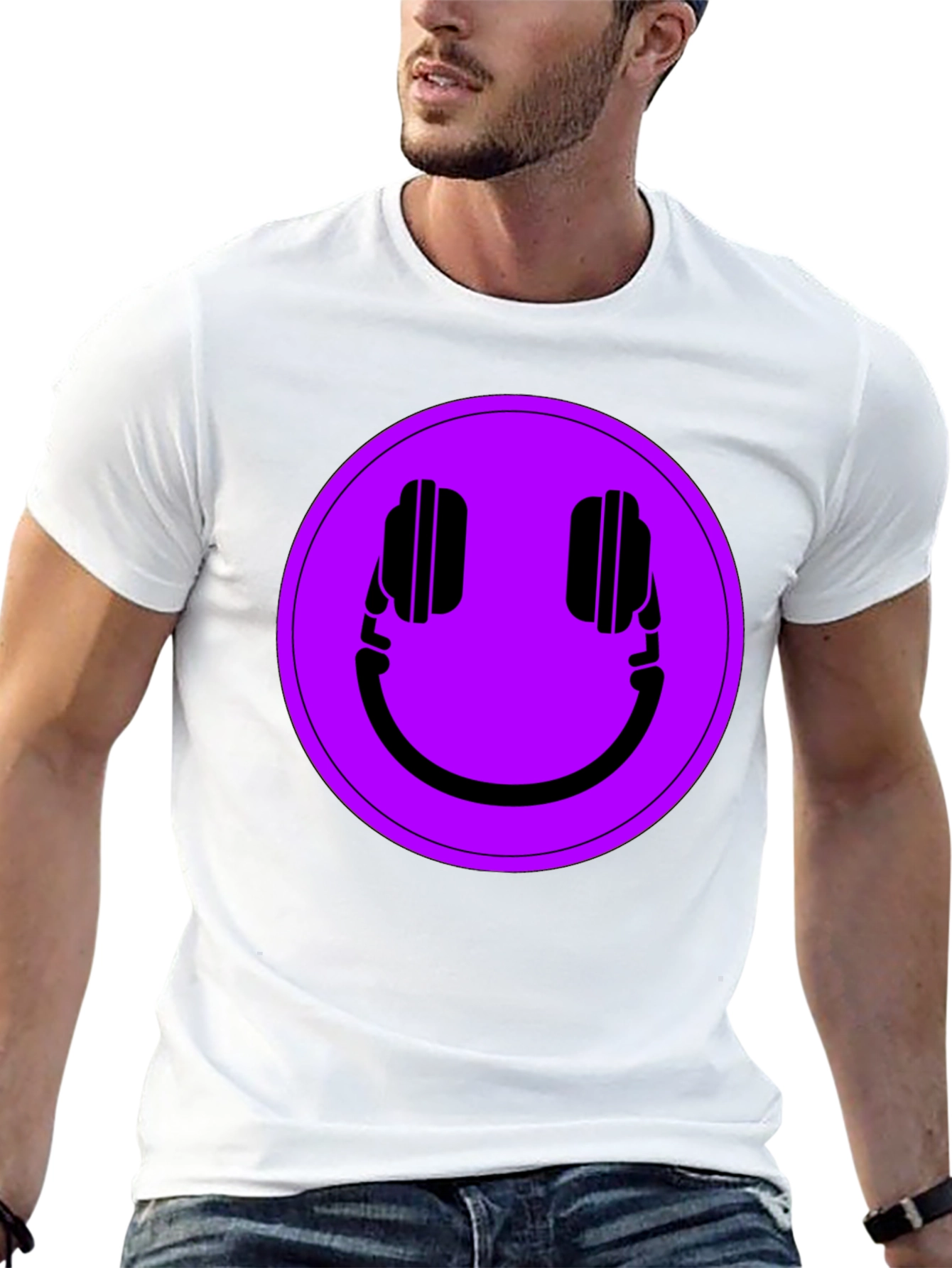 Camiseta Negra con Estampado de Auriculares Sonrientes