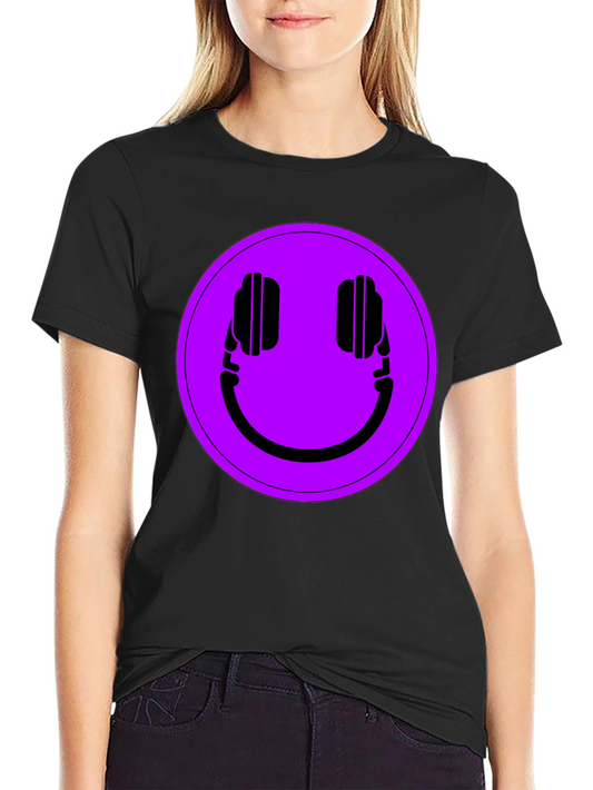 Camiseta Negra con Estampado de Auriculares Sonrientes