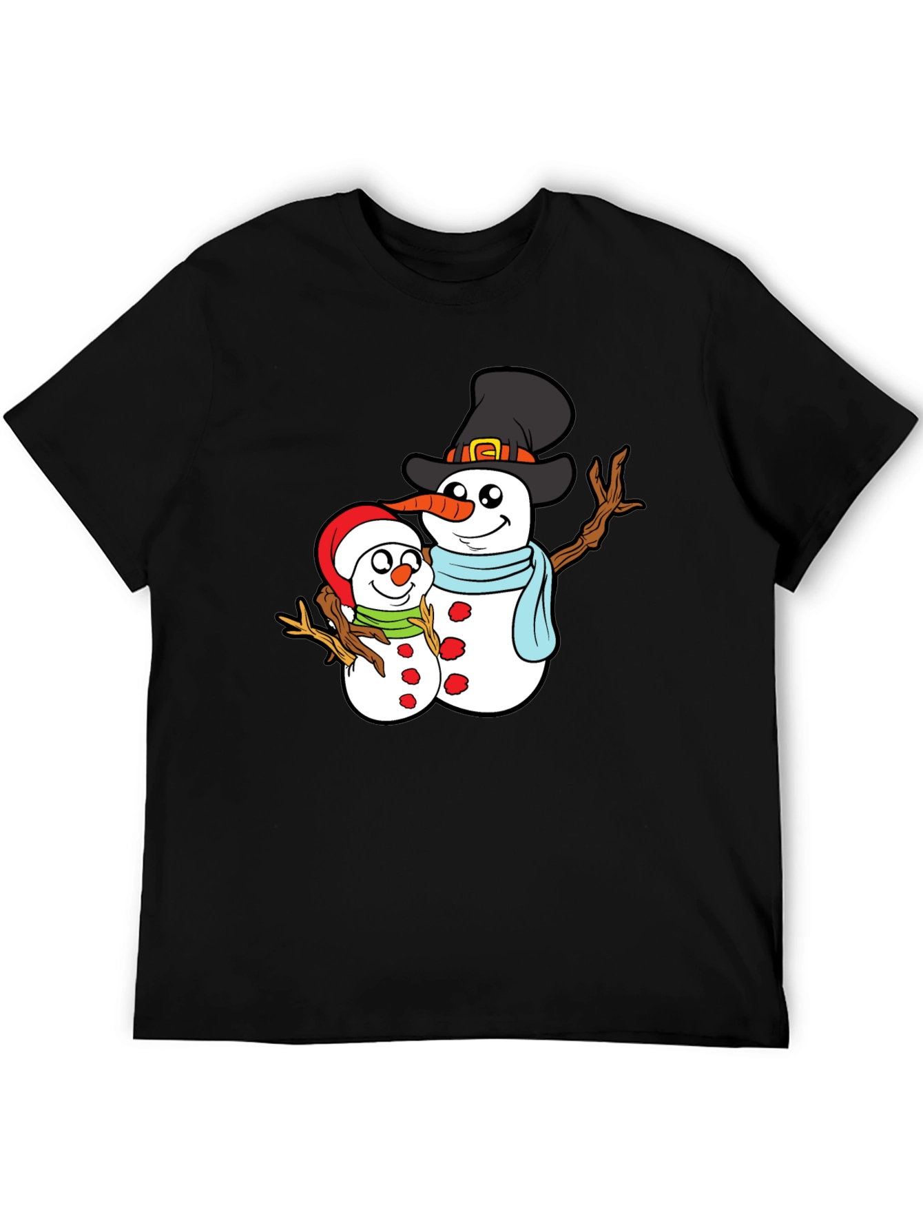 Camiseta Negra con Diseño de Muñecos de Nieve Navideños