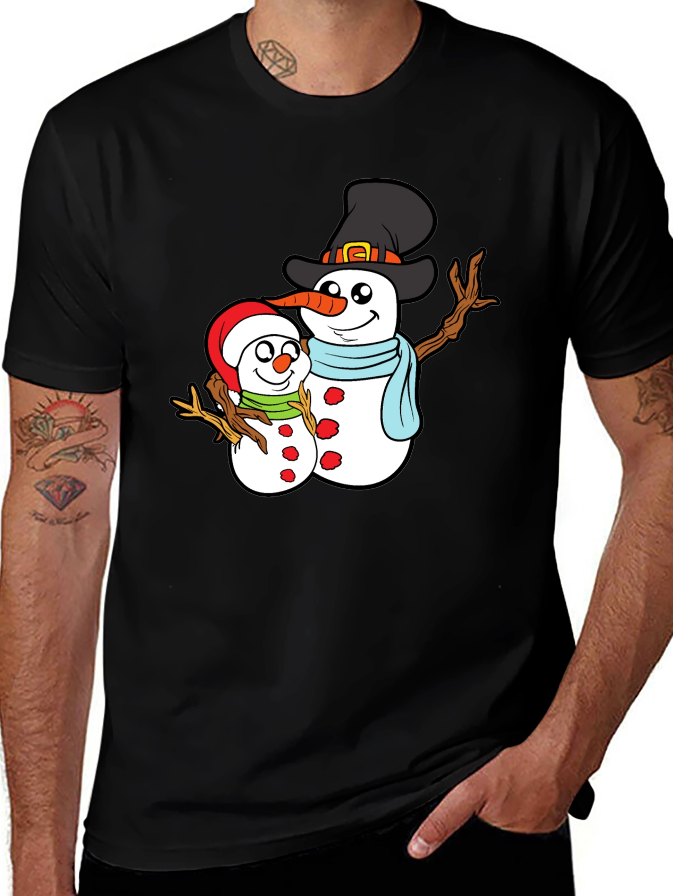 Camiseta Negra con Diseño de Muñecos de Nieve Navideños