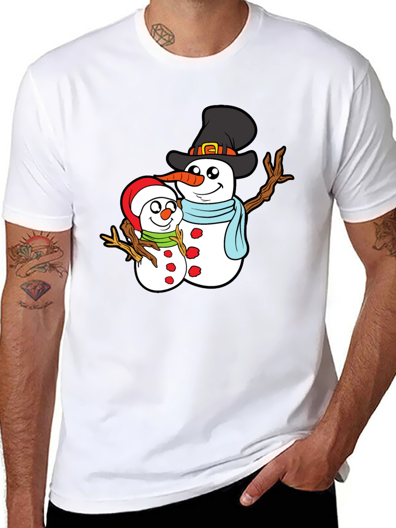 Camiseta Negra con Diseño de Muñecos de Nieve Navideños