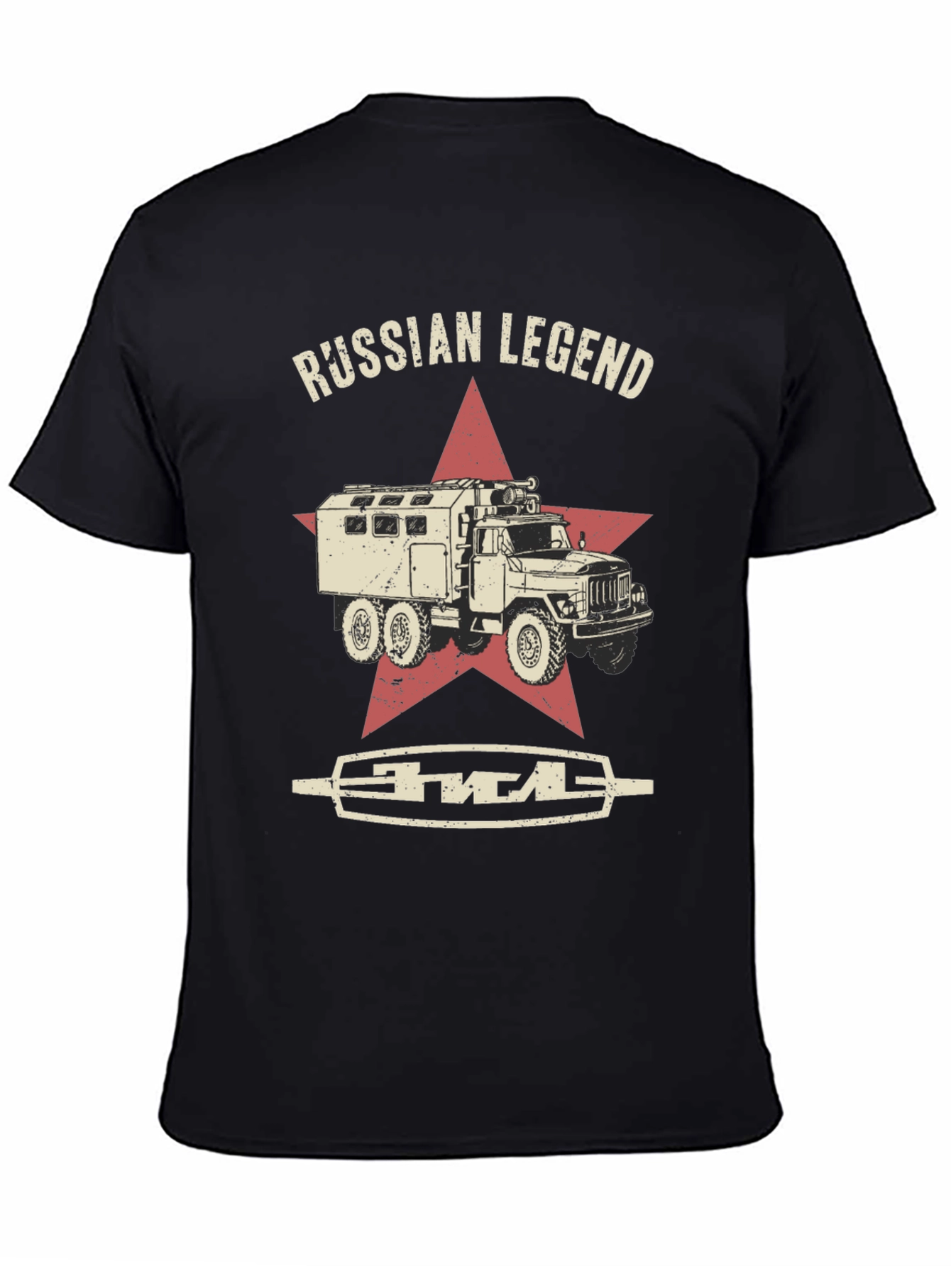 Camiseta Negra Leyenda Rusa con Diseño de Camión Militar