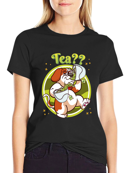 Camiseta Negra con Diseño de Perro y Té