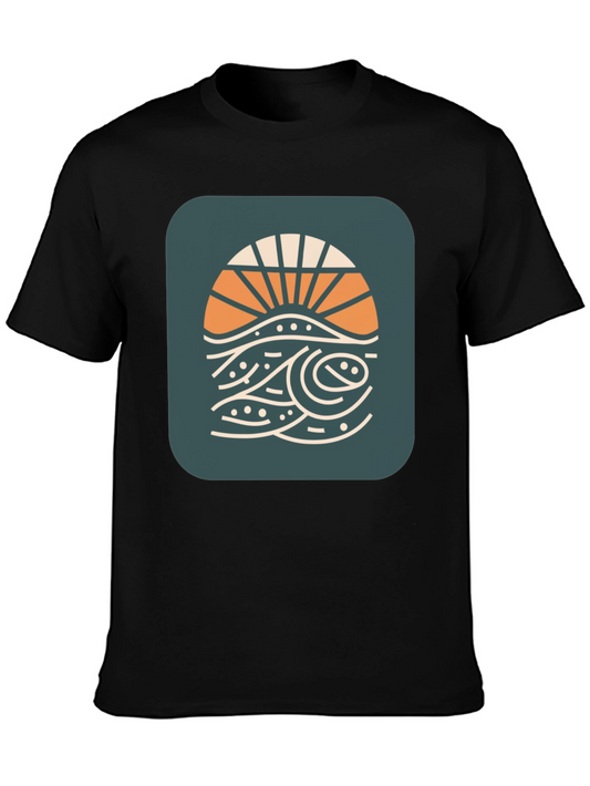 Camiseta Negra con Diseño Sol y Olas Retro