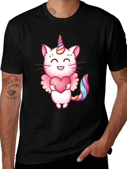 Camiseta Negra con Diseño de Gato Unicornio Kawaii