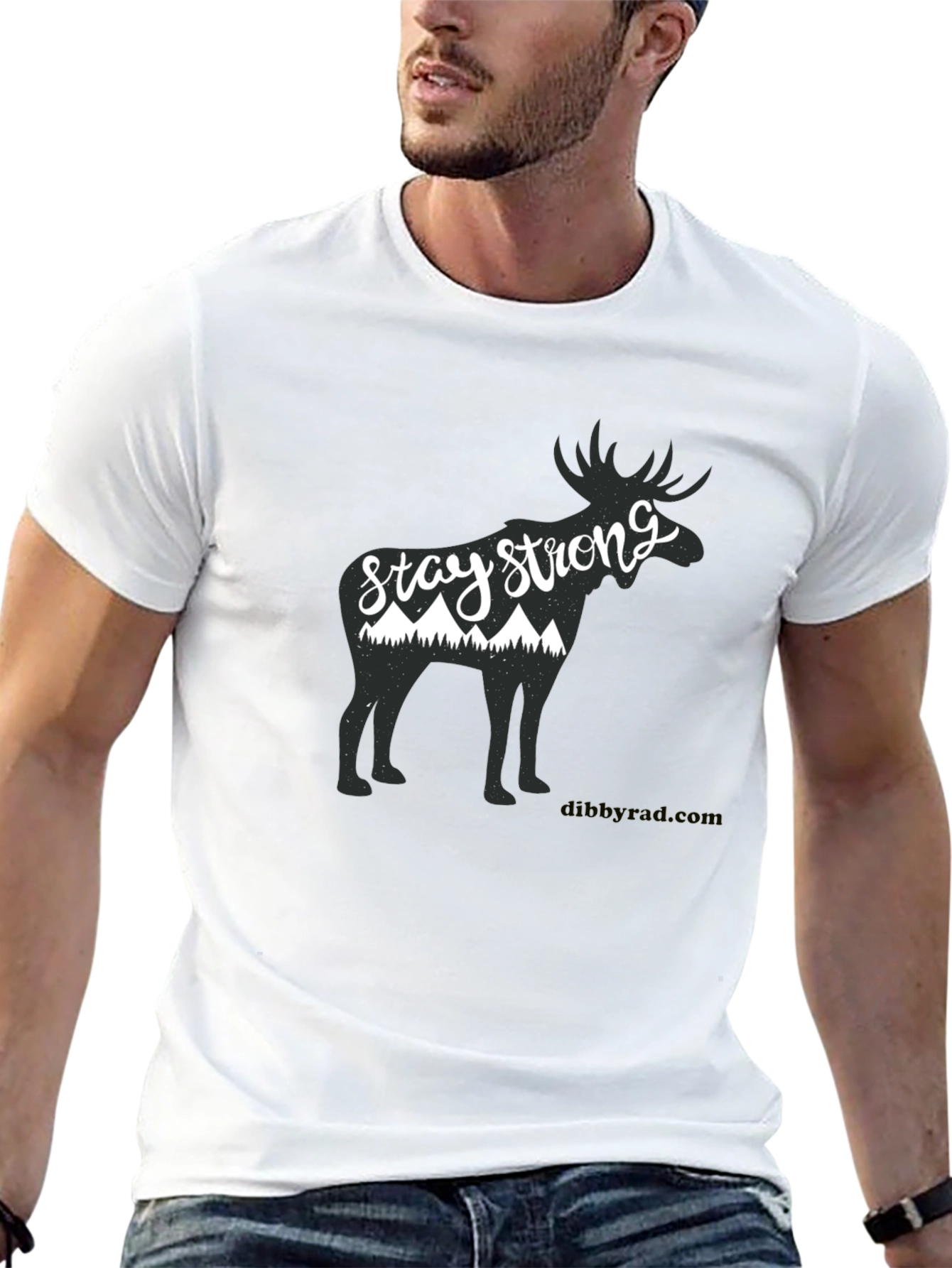 Camiseta Negra con Diseño de Alce y Montañas