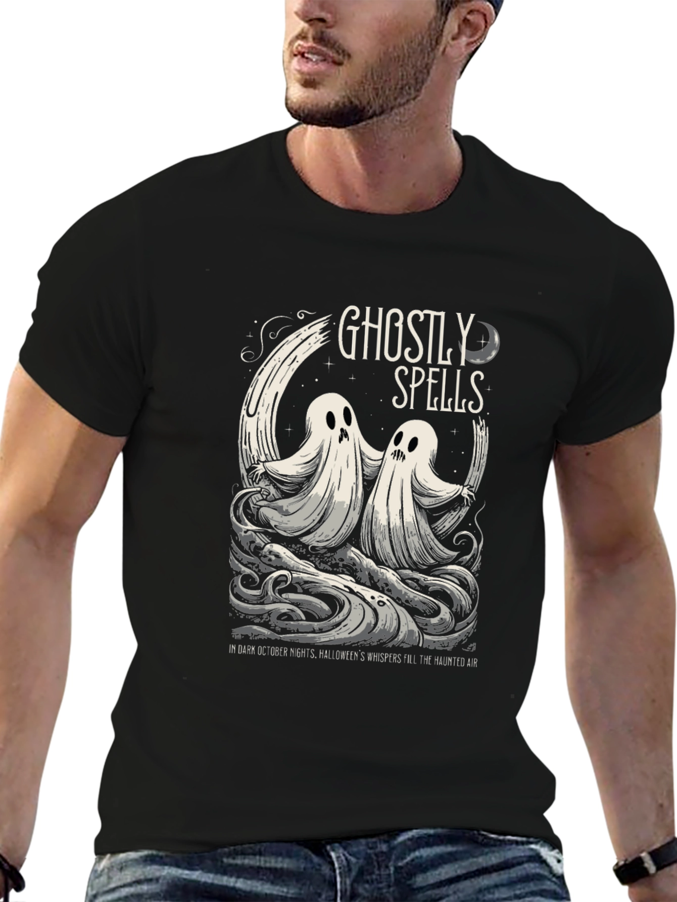 Camiseta Negra: Fantasmas y Hechizos de Halloween