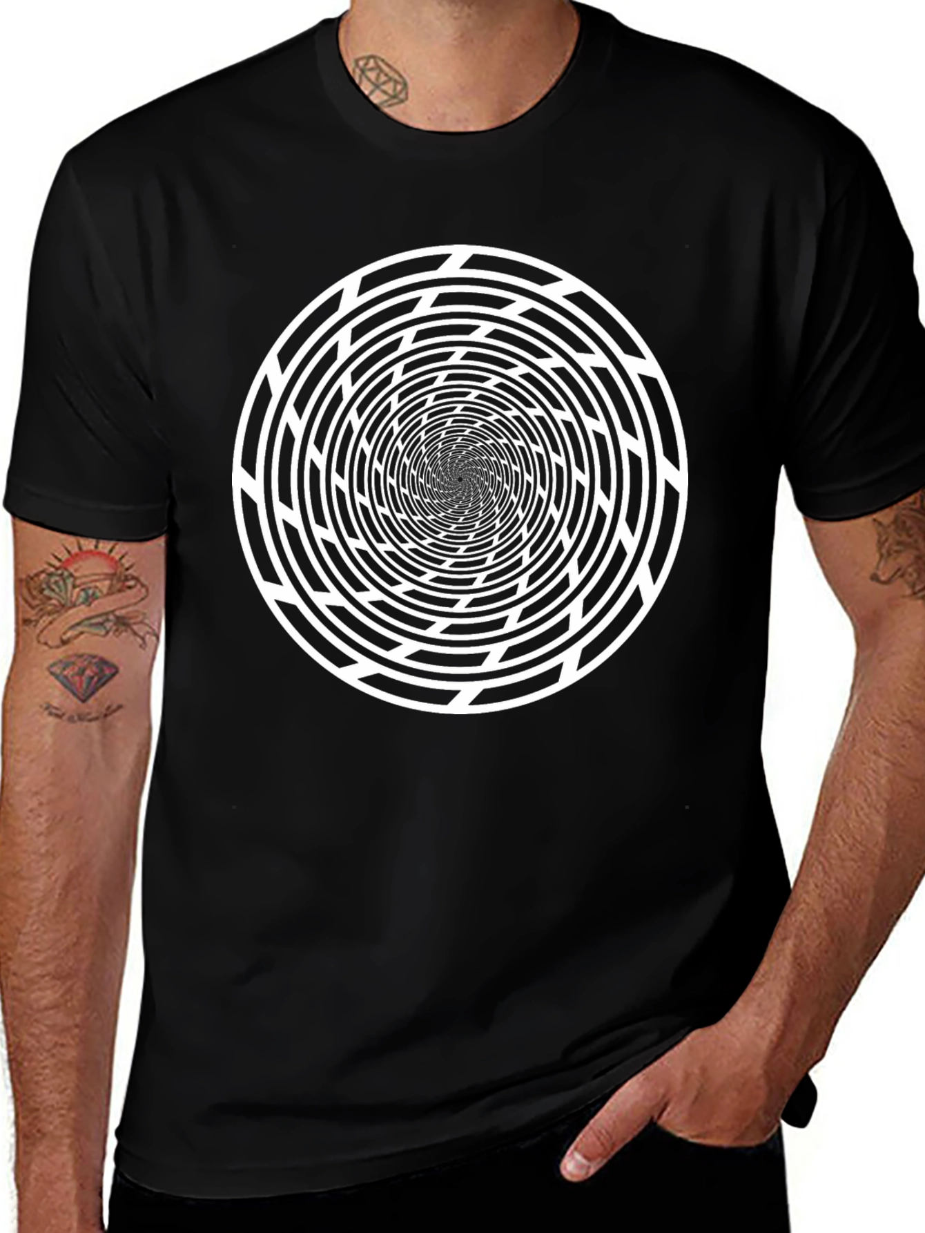 Camiseta Negra con Espiral Hipnótico Blanco