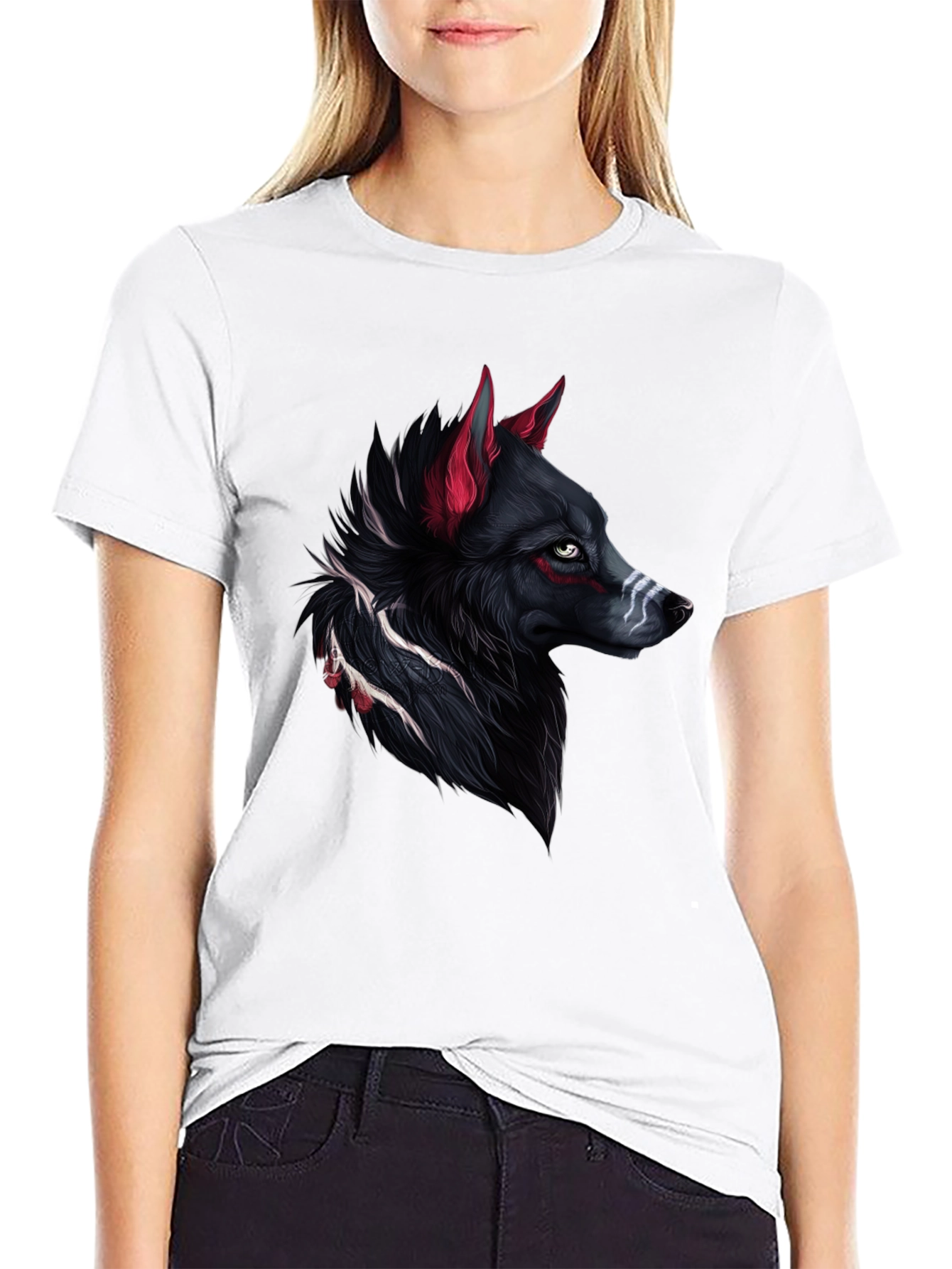 Camiseta Negra con Diseño de Lobo Tribal